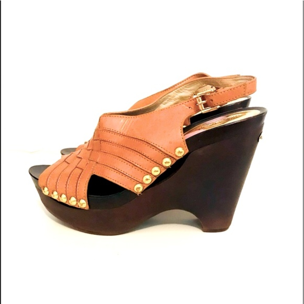 Michael Kors Tan Wood Platform Clogs Sandals Lattice Leather
